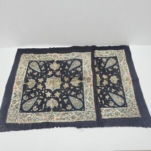 Vintage Turkish Black Mandala Floral Paisley Fabric Panels Turkey Made 2 Piece
